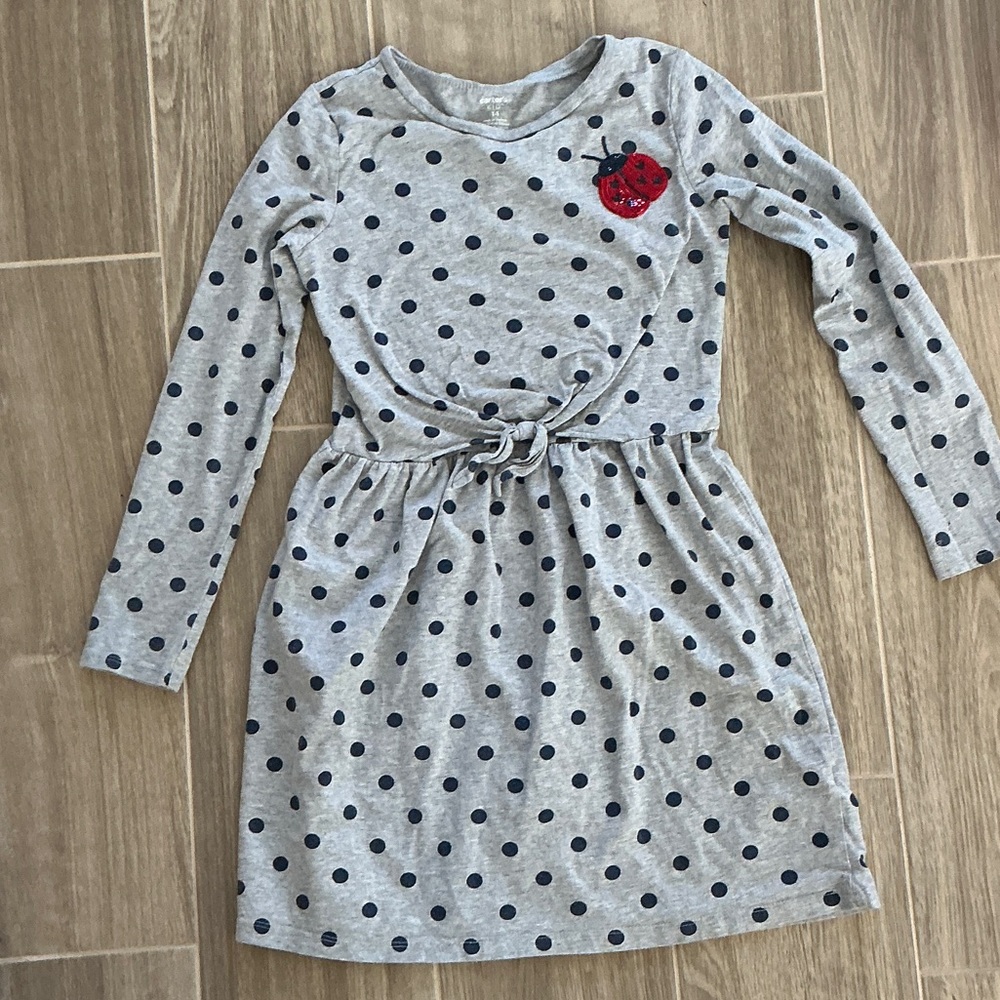 Carter's Gray Dress with Navy Polka Dots and Red Ladybug